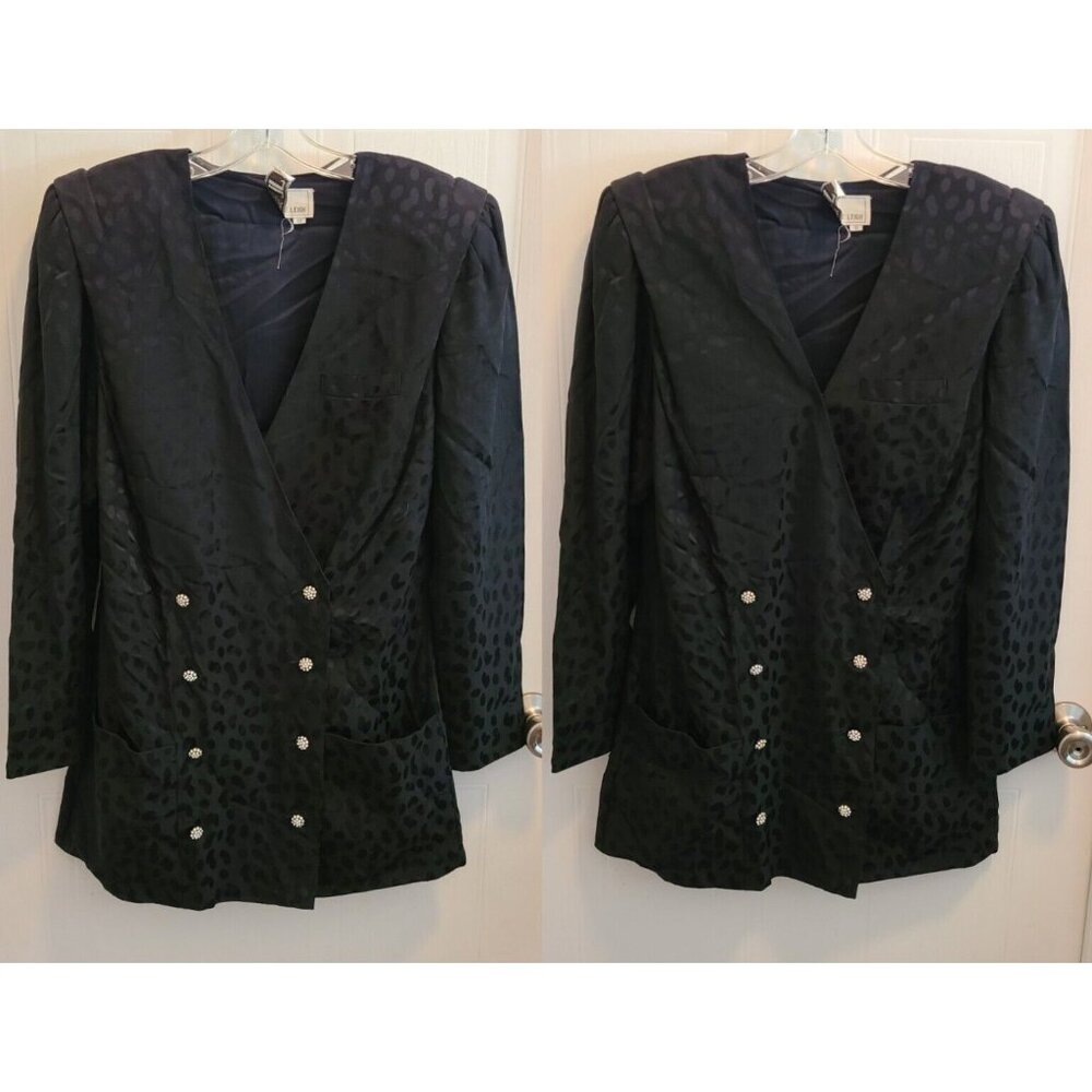 Vtg Junnie‎ Leigh Women's Blazer Jacket Black Satin Shoulder Pads Lined Size 10